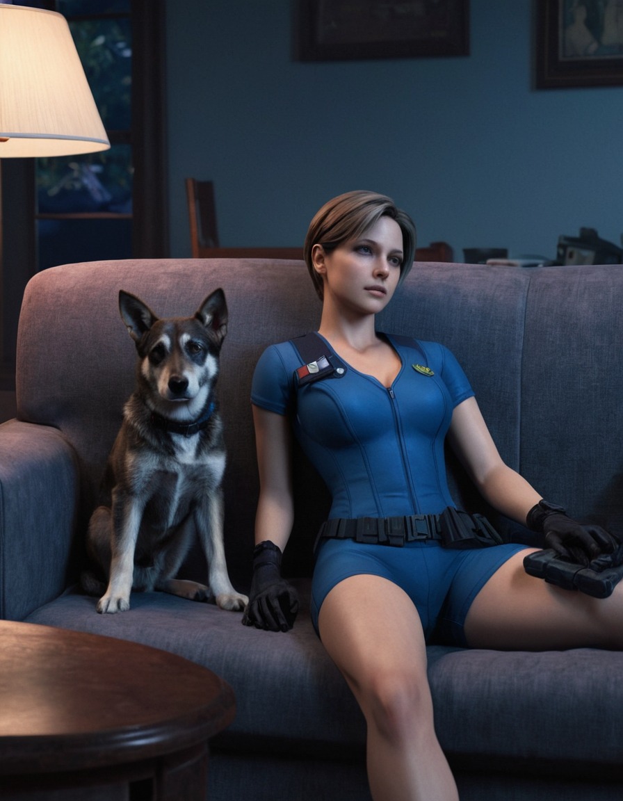 jill valentine, relaxing, couch, dog, recovery, games, girls from games