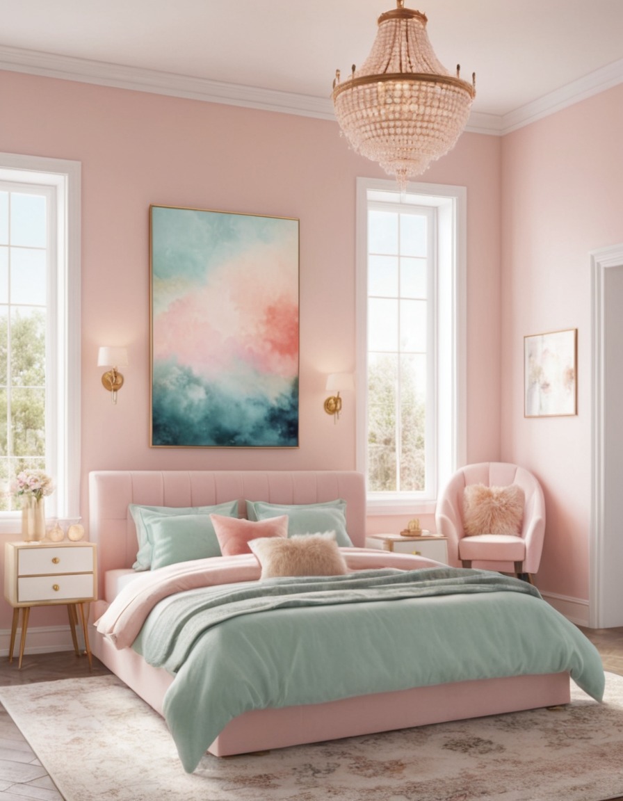 bedroom, peaceful, soft colors, pastel, interior design, home, interior