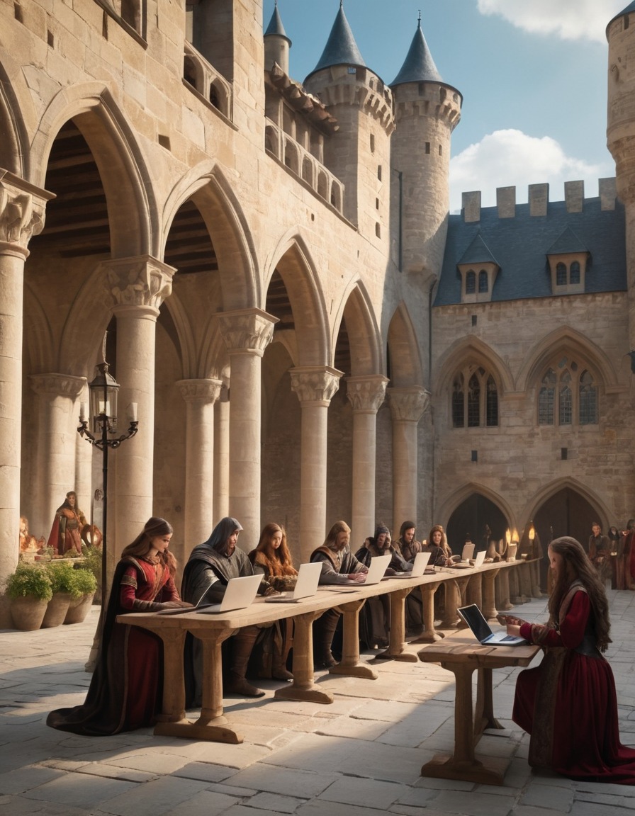 medieval, technology, smartphones, laptops, castle courtyard, art