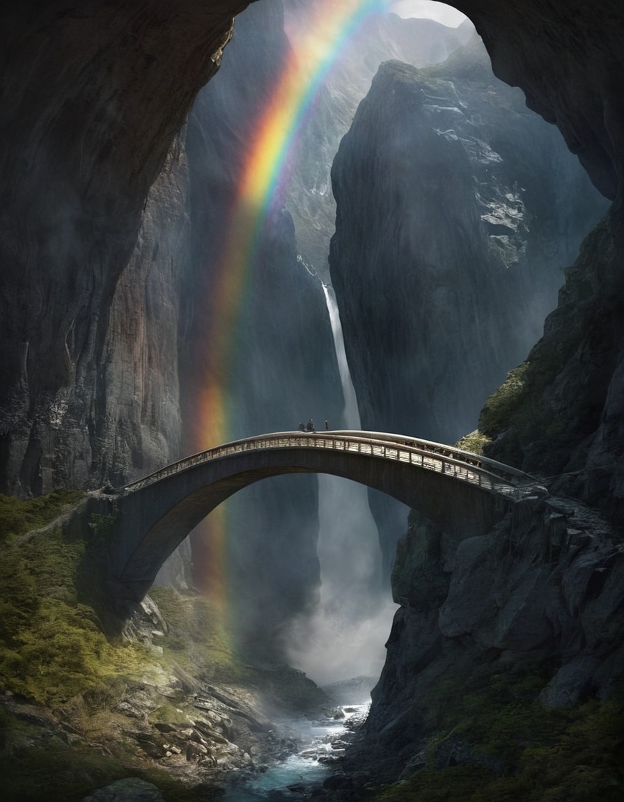 mystical, rainbow bridge, mountains, chasm, nature, wonder, transcendence