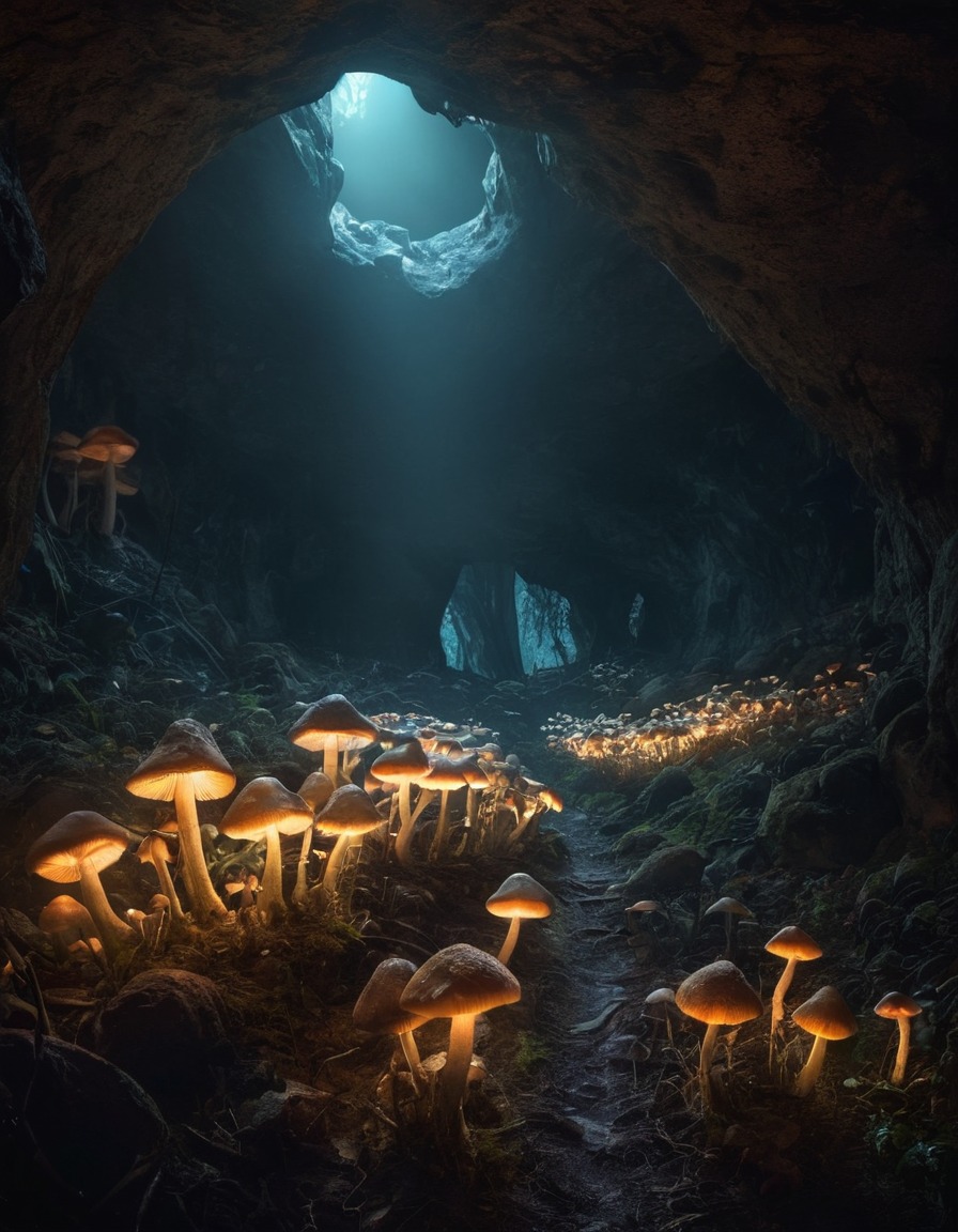 mystical, glowing mushrooms, cave, illumination, nature, fantasy, enchantment