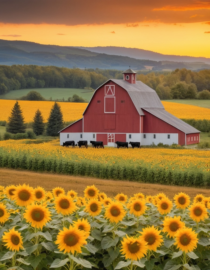 barn, sunflowers, cows, rural, countryside, landscape