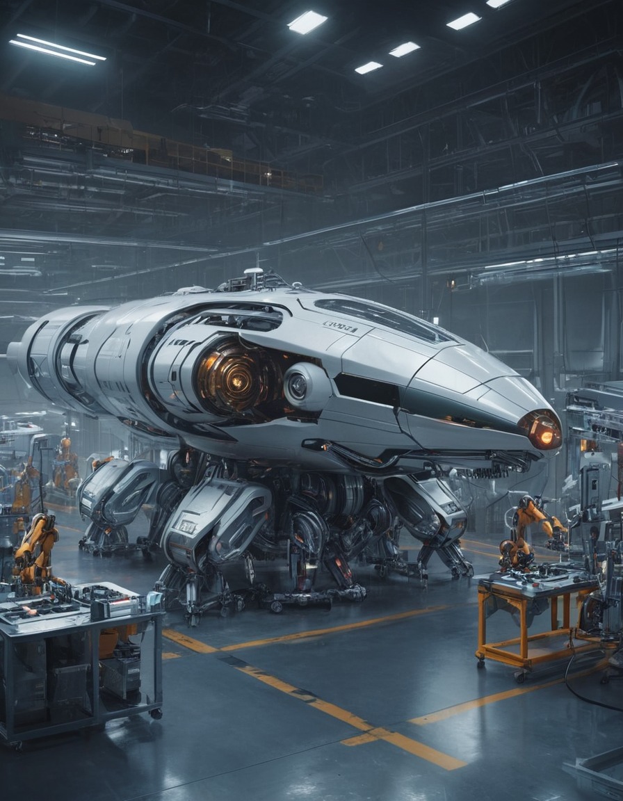 robots, spaceship, assembly, factory, technology