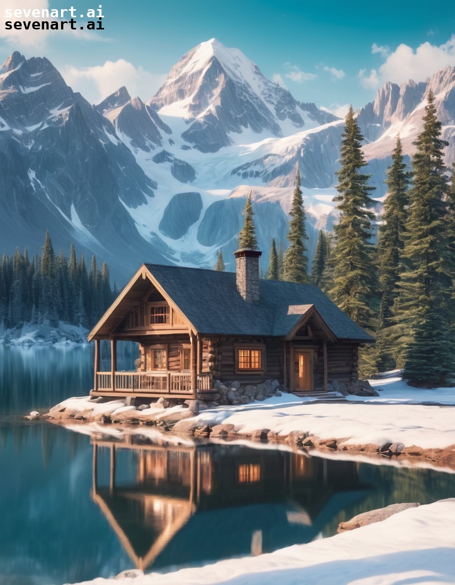 mountain cabin, snowy peaks, lake view, winter wonderland, cozy retreat, house, home