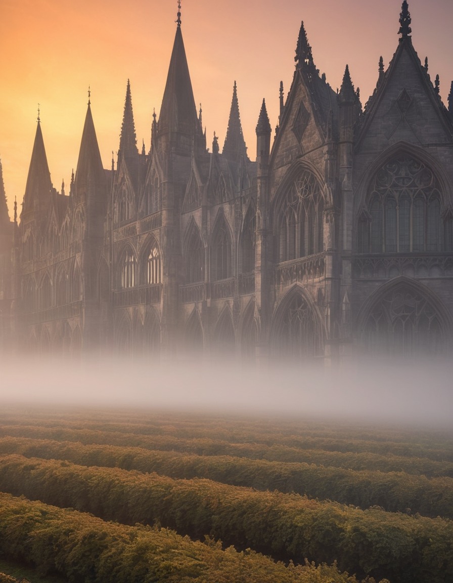 foggy, sunrise, gothic architecture, architecture