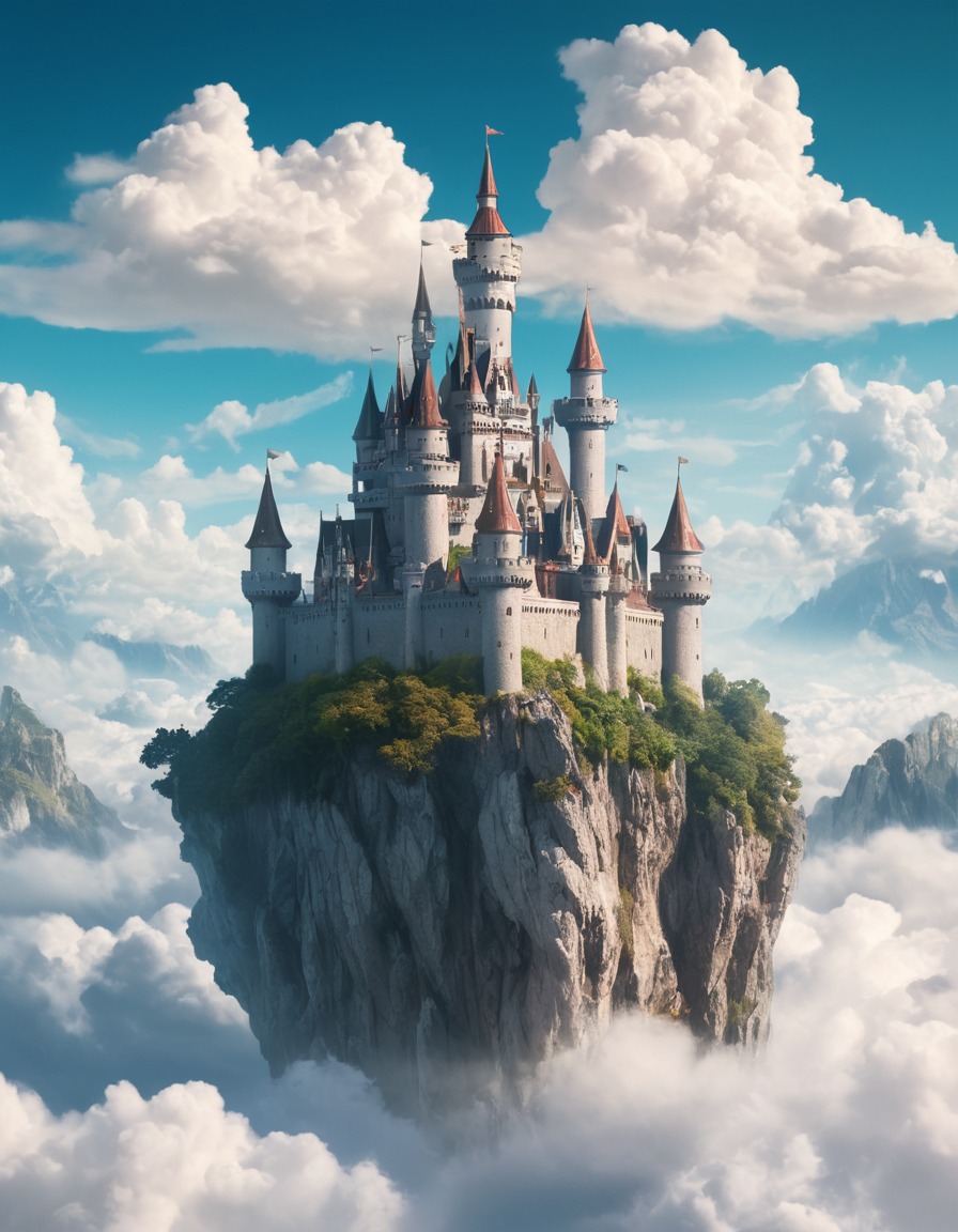 fantasy, castle, clouds, magical beings, floating, fantastic