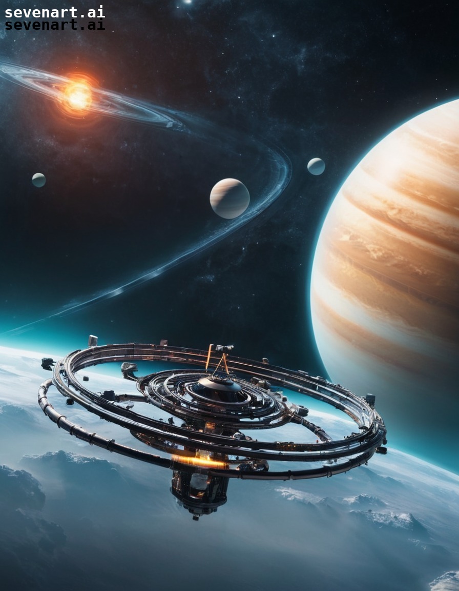 space station, gas giant, rings, sci-fi, fantasy, space, stars