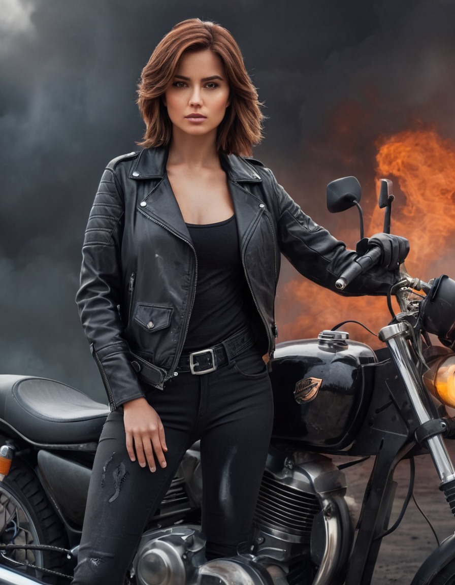 confidence, motorcycle, leather jacket, smoldering look, woman