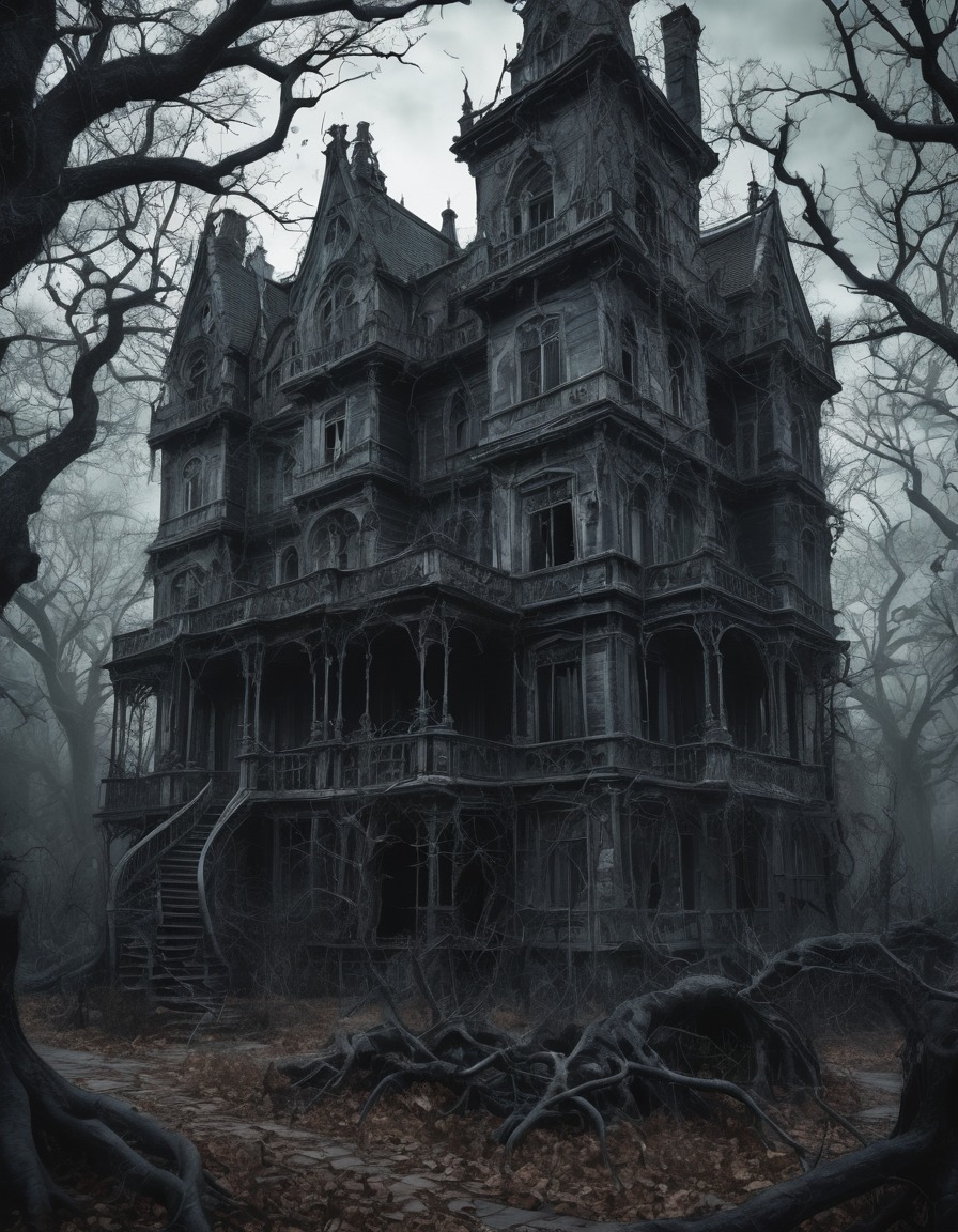 haunted, gothic, mansion, twisted trees, underground, dark