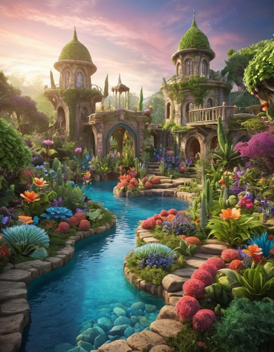 fantasy, enchanted, garden, whimsical, magical, plants, vibrant, fantastic