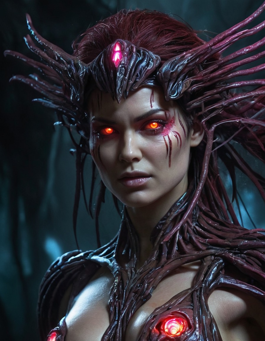 kerrigan, starcraft, video game, sci-fi, villain, glowing eyes, games, dark