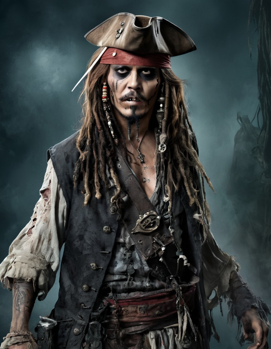 jack sparrow, pirates of the caribbean, zombie, undead, haunted, tattered clothes, horror