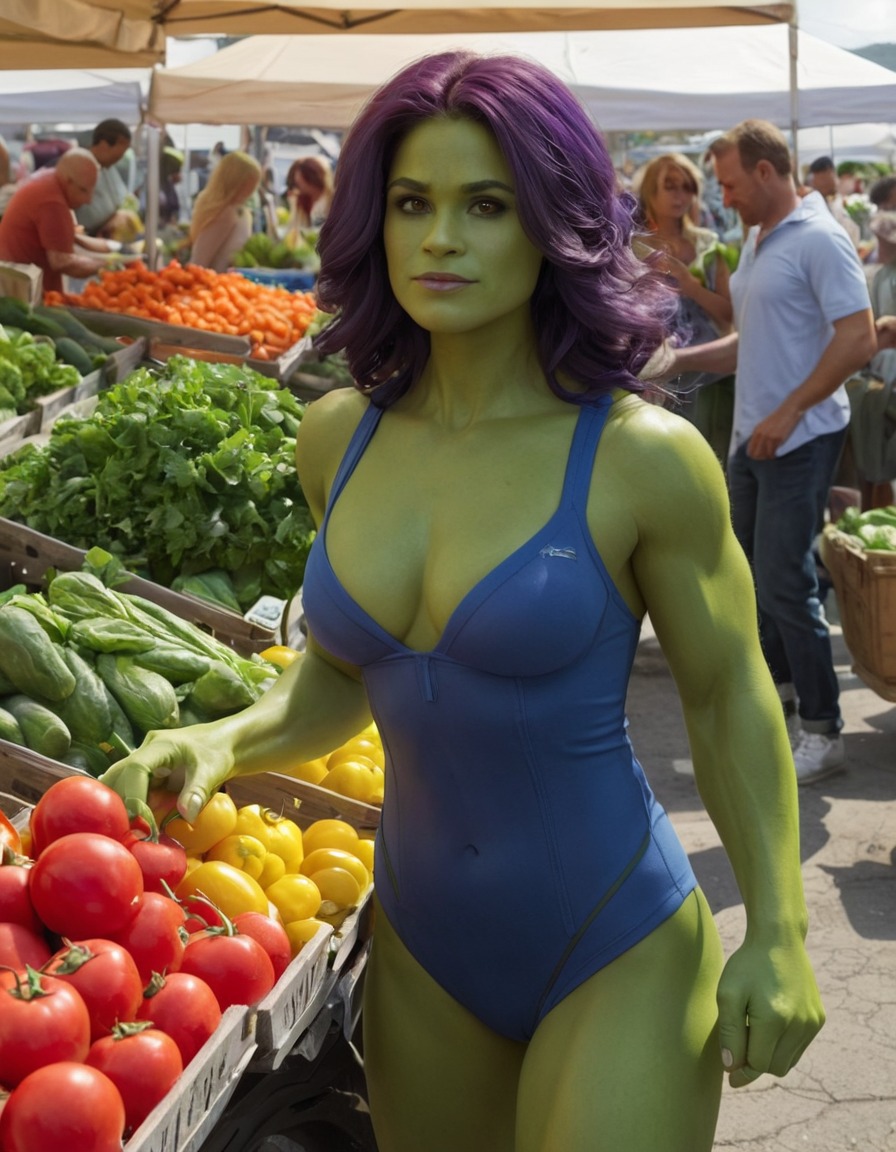 she-hulk, vegetables, farmers' market, superhero, superheroine, bikini