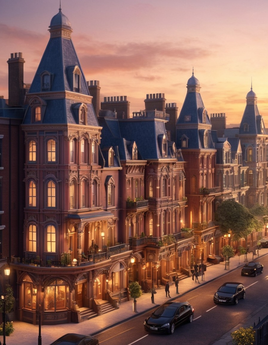 cityscape, sunset, victorian buildings, intricate facades, architecture