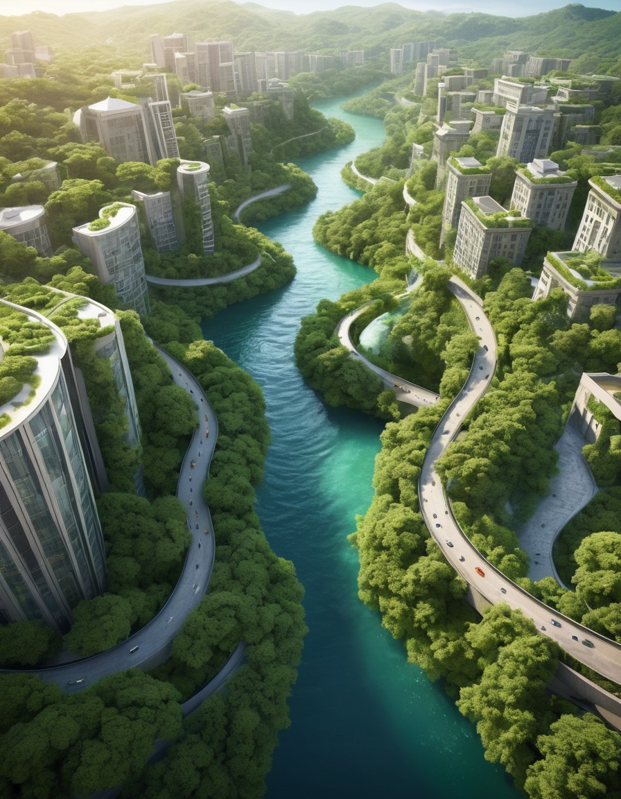 river, cityscape, lush greenery, urban development, nature, city