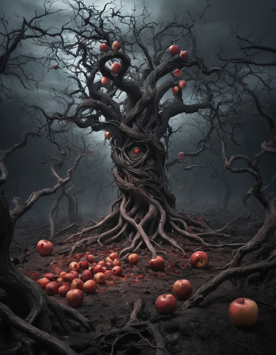 twisted trees, cursed fruit, hell, inferno, dark fantasy, supernatural, demonic imagery