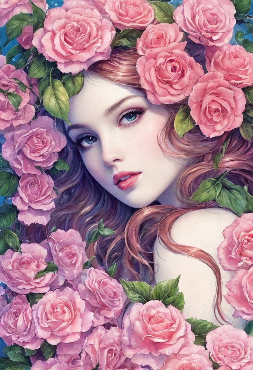 portrait, beauty, floral, traditionalart, portraitgirl, roses