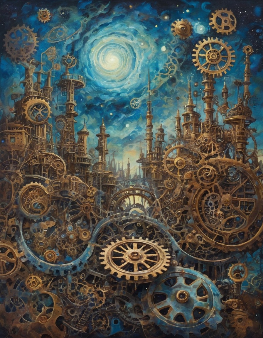 clockwork city, machinery, gears, galaxies, fantasy, science fiction, surreal