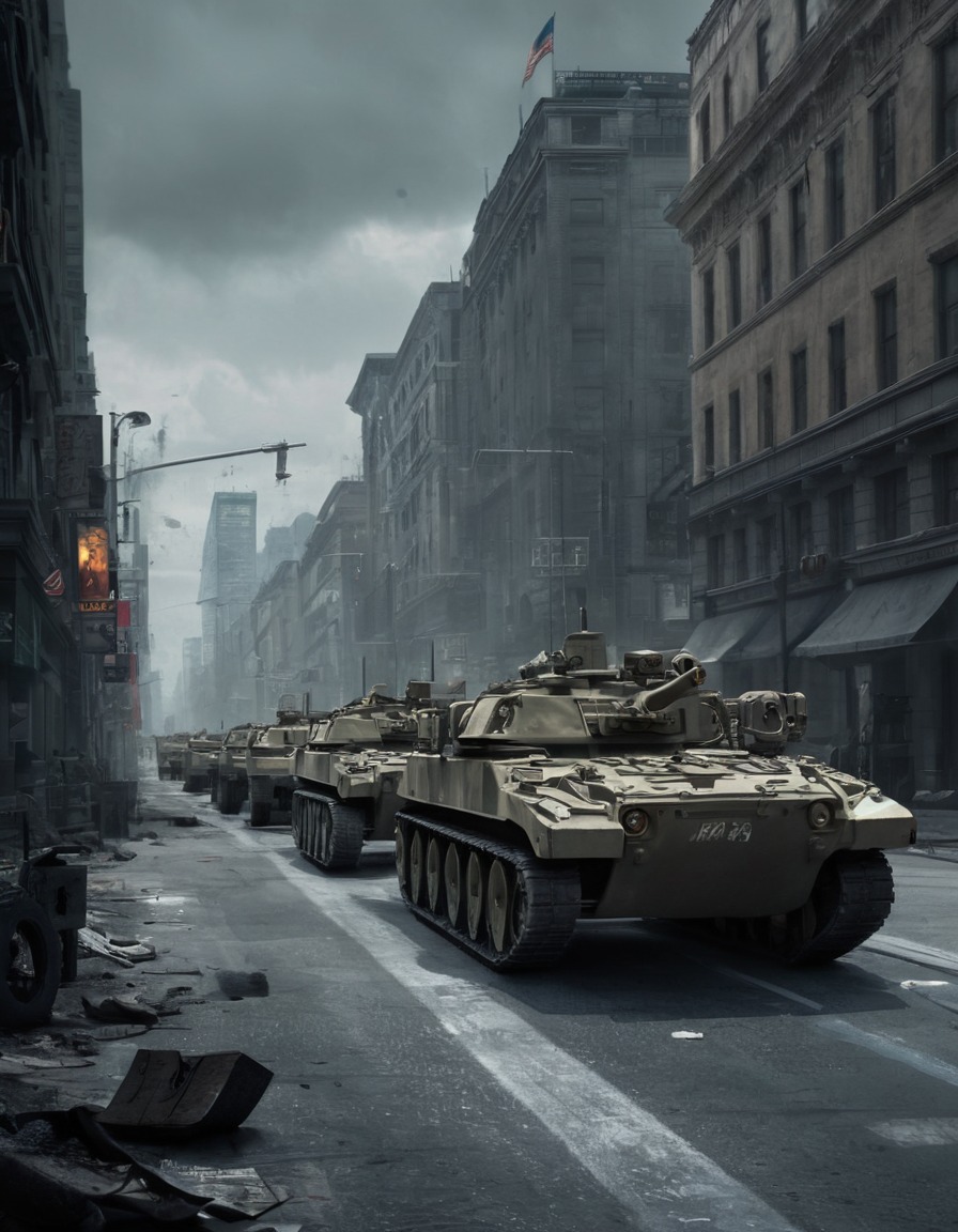 military vehicles, barricade, city street, wartime, control, traffic, security, war, usa