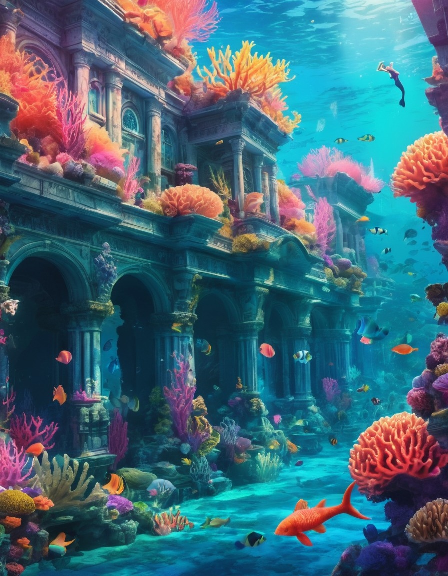 fantasy, mermaids, underwater, coral reefs, vibrant, fantastic