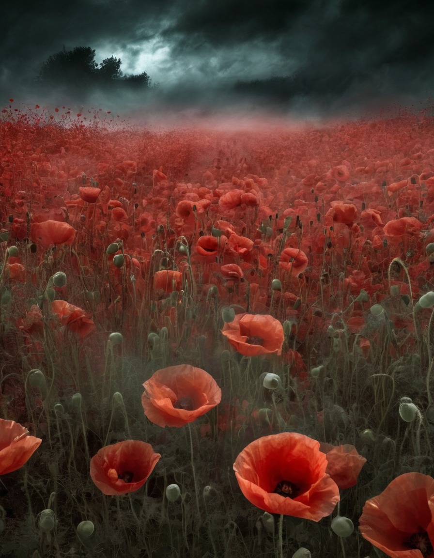 mystical, field of poppies, dreamlike, vapors