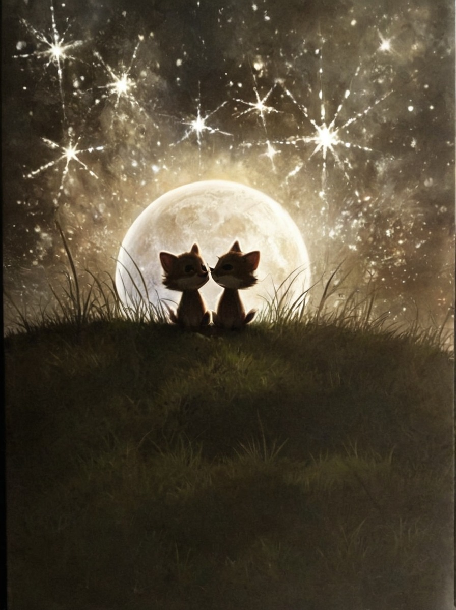 cats, darkness, ink, landscape, moon, moonlight, nature, painting, shadows, stars, traditional, animalswildlife, marker_white, landscape_ink