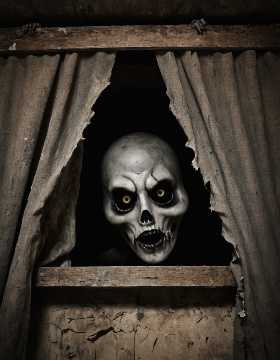 creepy, horror, tattered curtain, forgotten, attic, gothic, underground, dark