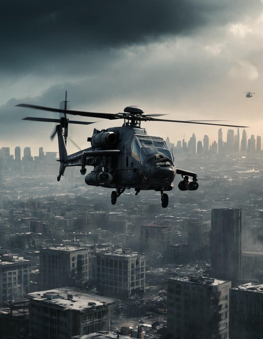 helicopter, gunship, city skyline, conflict, war, usa