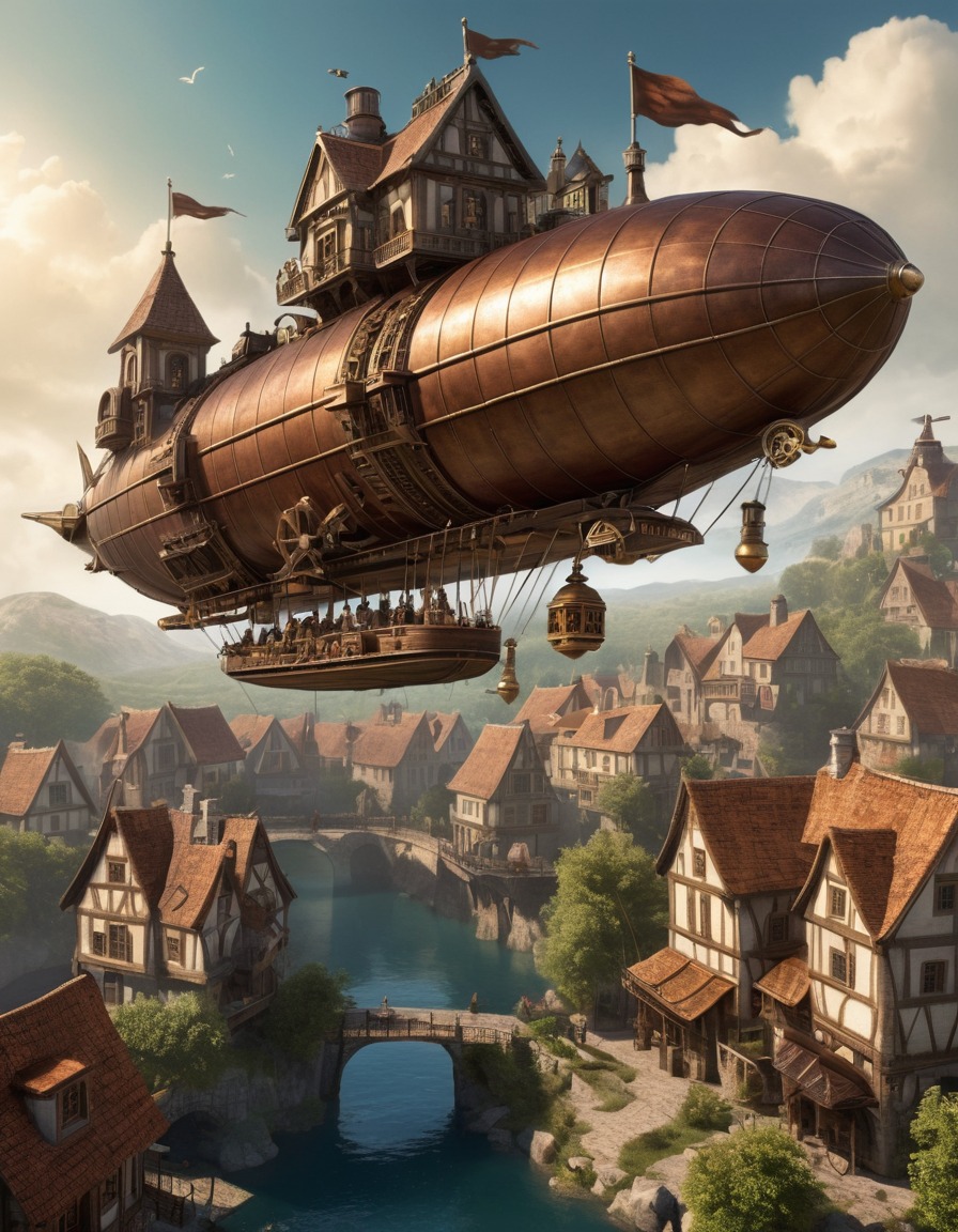 airship, steampunk, medieval village, clockwork gears, propellers, medieval, art