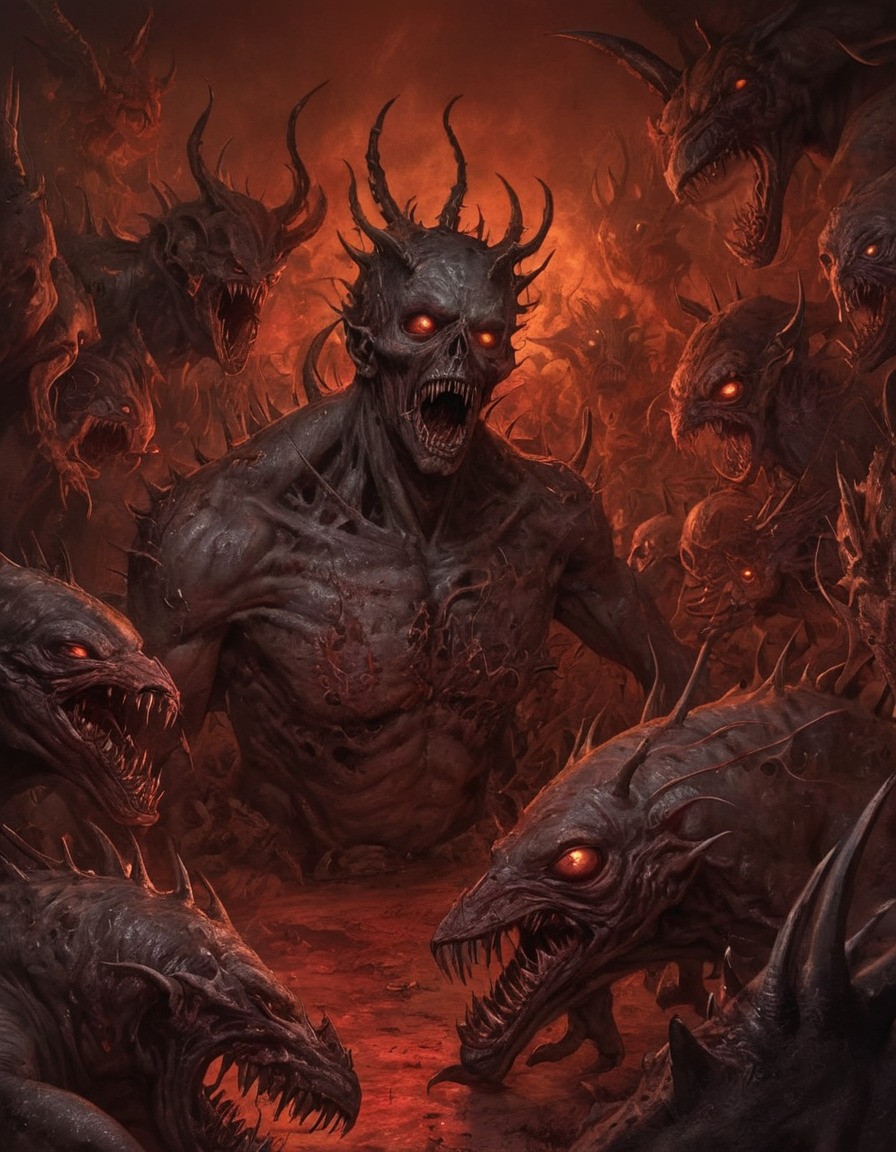 hell, swarmed, hideous creatures, horror, demonic, souls, underworld