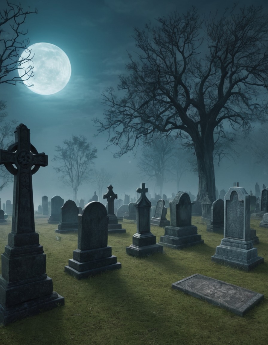 haunted graveyard, ghostly apparitions, tombstones, fantasy scene