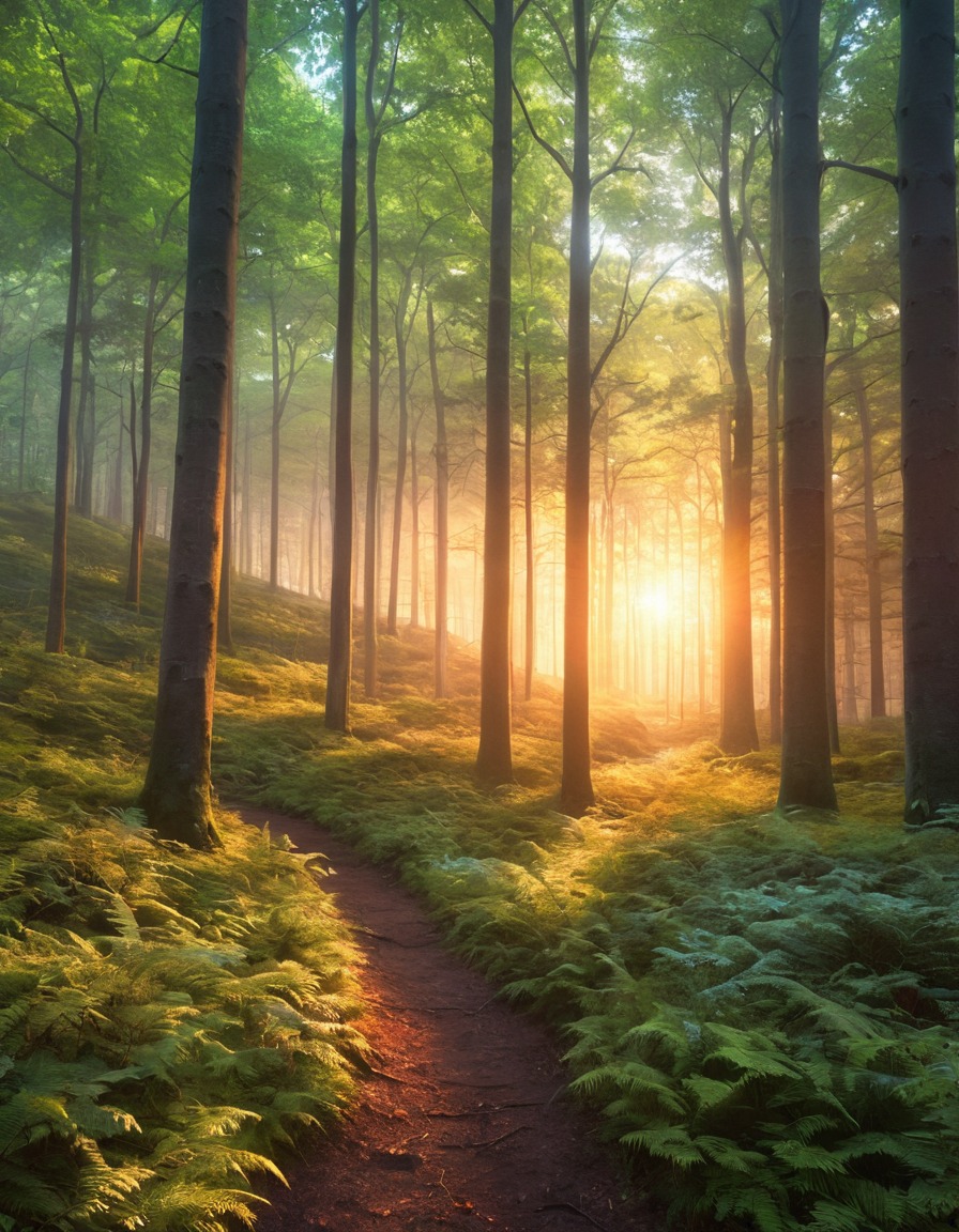 nature, forest, morning light, colorful, dense, trees