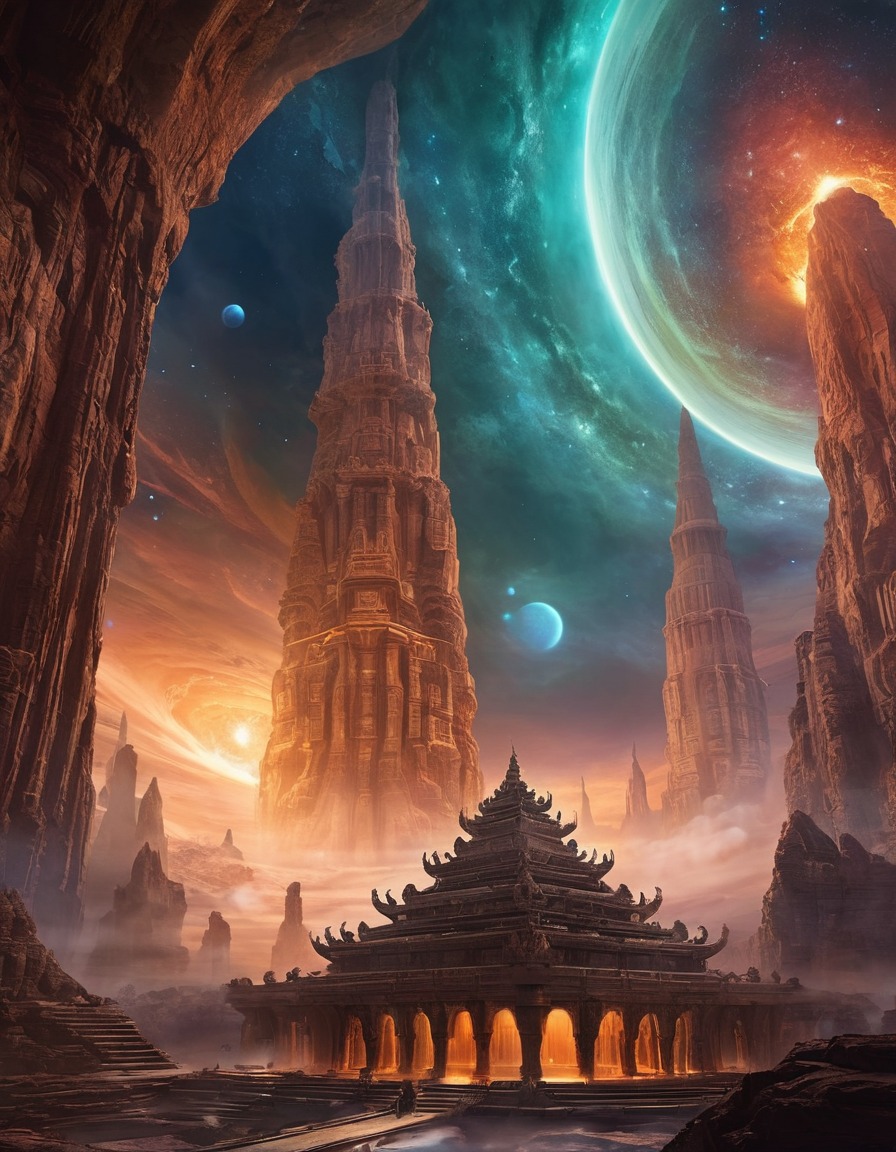 alien temple, ancient, nebula, hidden location, extraterrestrial, aliens