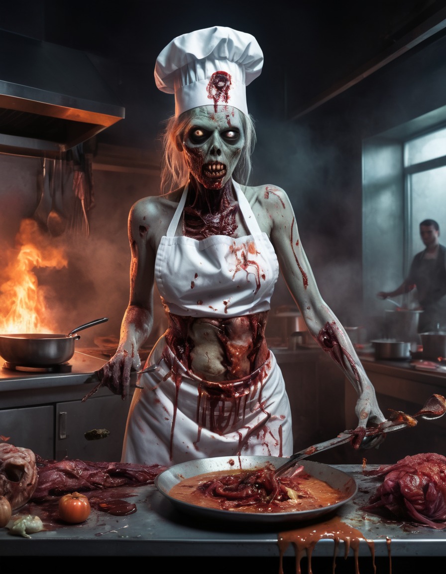 zombie, chef, cooking, gory feast, restaurant kitchen