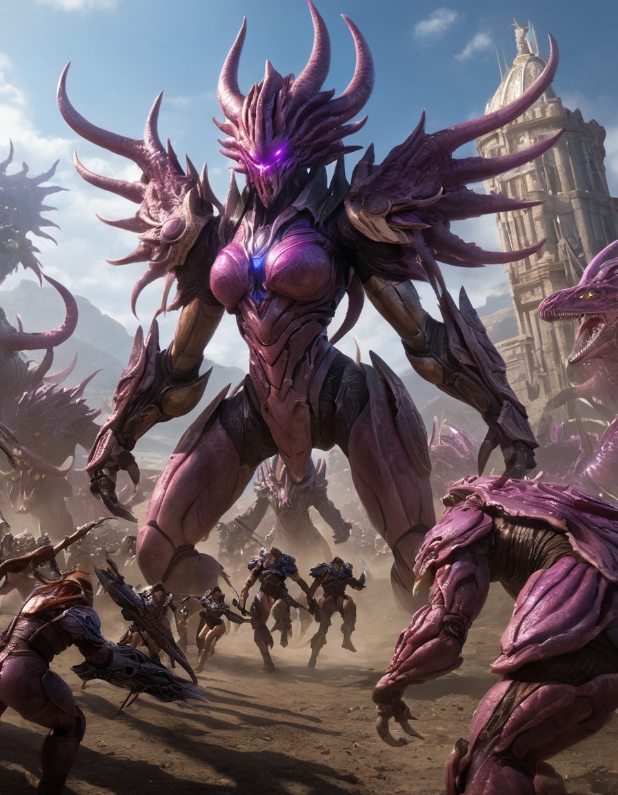 futuristic, battle scene, kerrigan, zerg, aliens, science fiction, games, girls from games