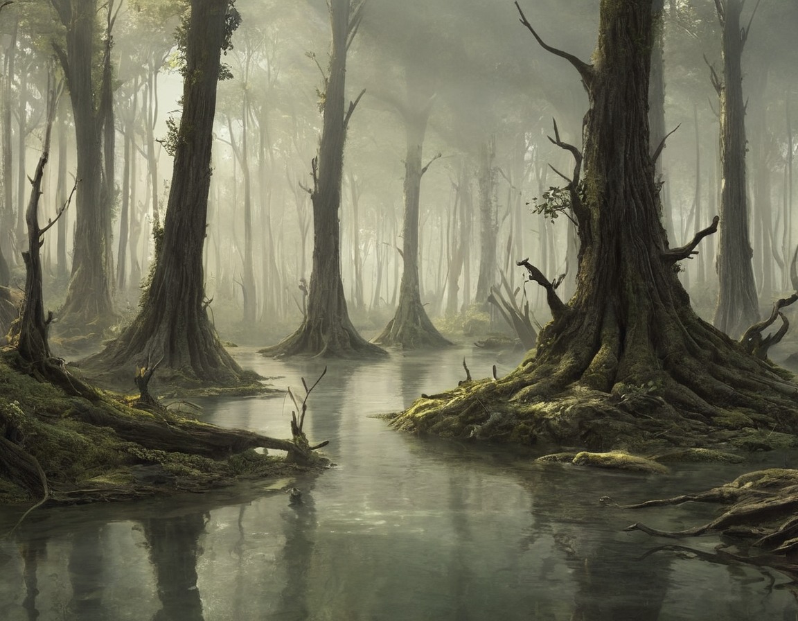 forest, fog, dreamup, digitalart, horror, deadtrees, swamp, dailychallenge, ai_art