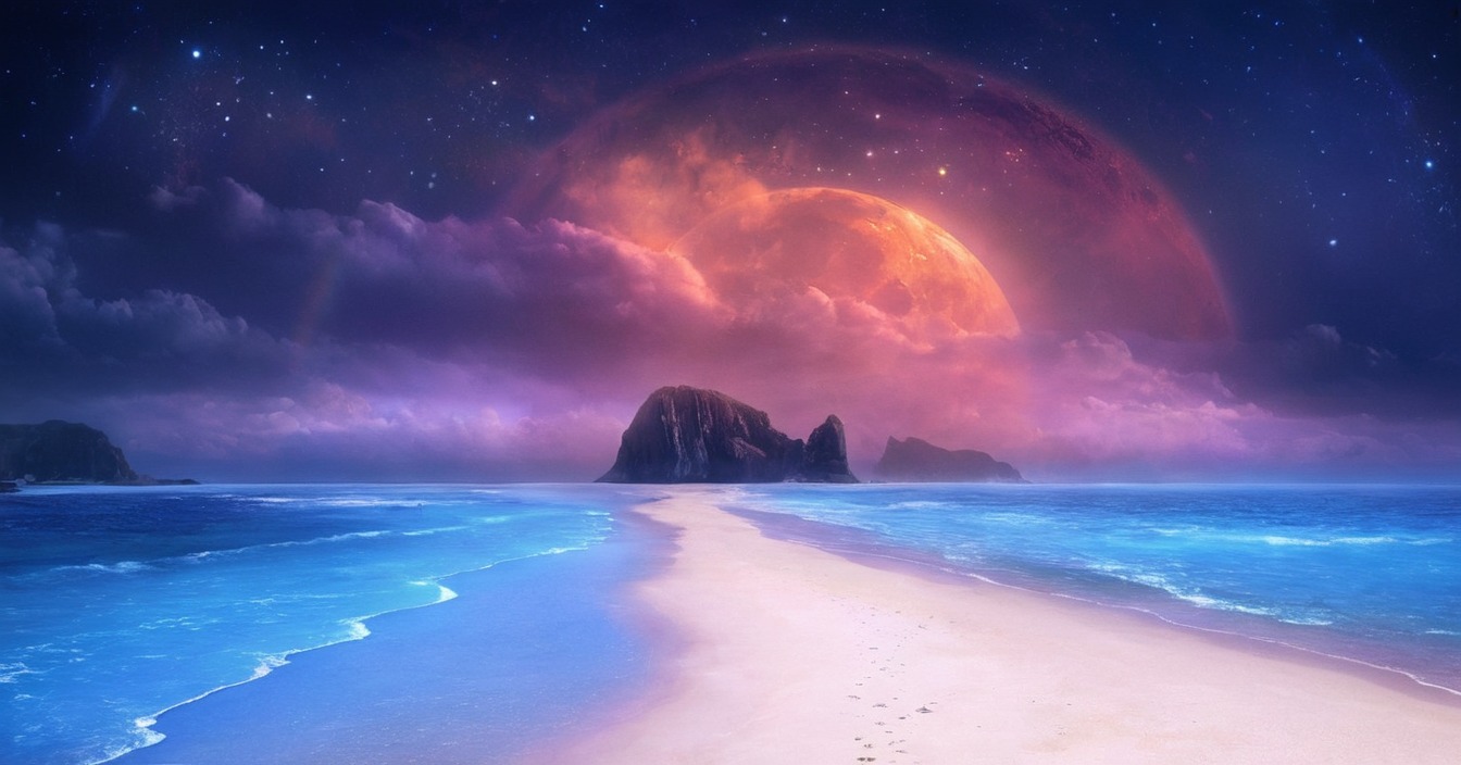 beach, digitalillustration, digitalpainting, dreamscape, fantasyillustration, sciencefictionfantasy, stars, galaxystars