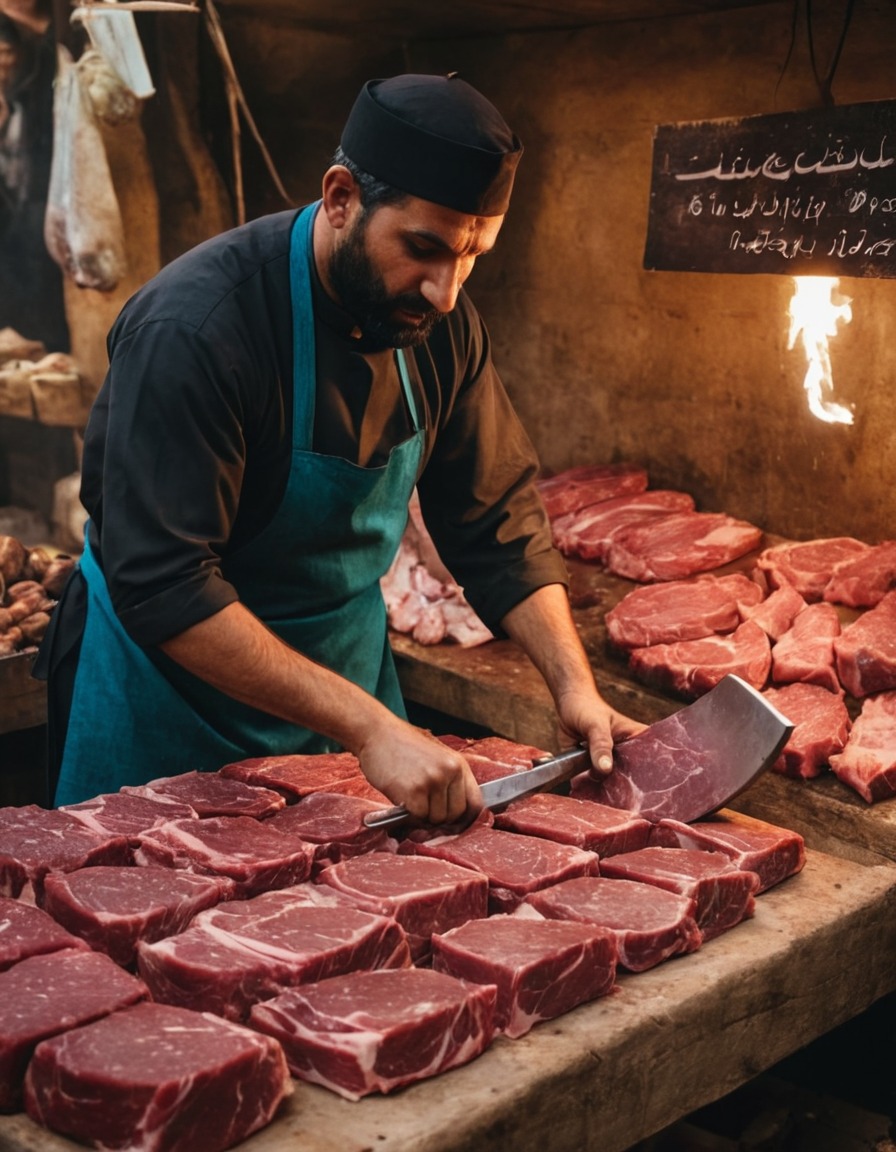 ancient civilization, middle east, butcher, market stall, 700 ad