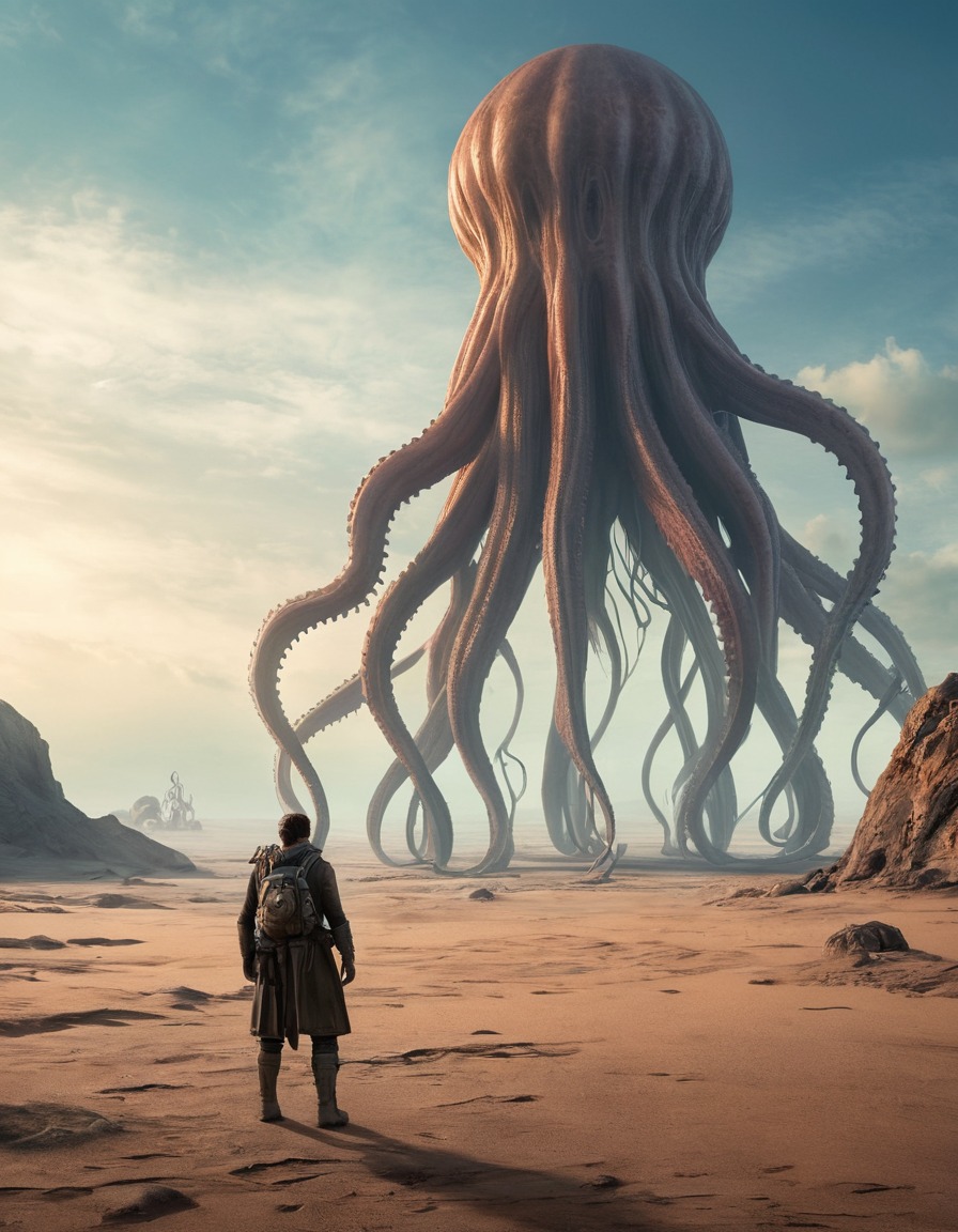 explorer, tentacled creature, wasteland, confrontation, survival, fiction, lovecraft, howard lovecraft