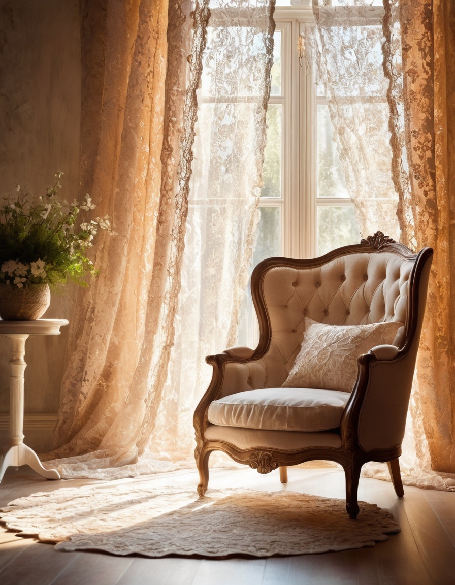 sunlight, lace curtains, cozy, armchair, home, interior