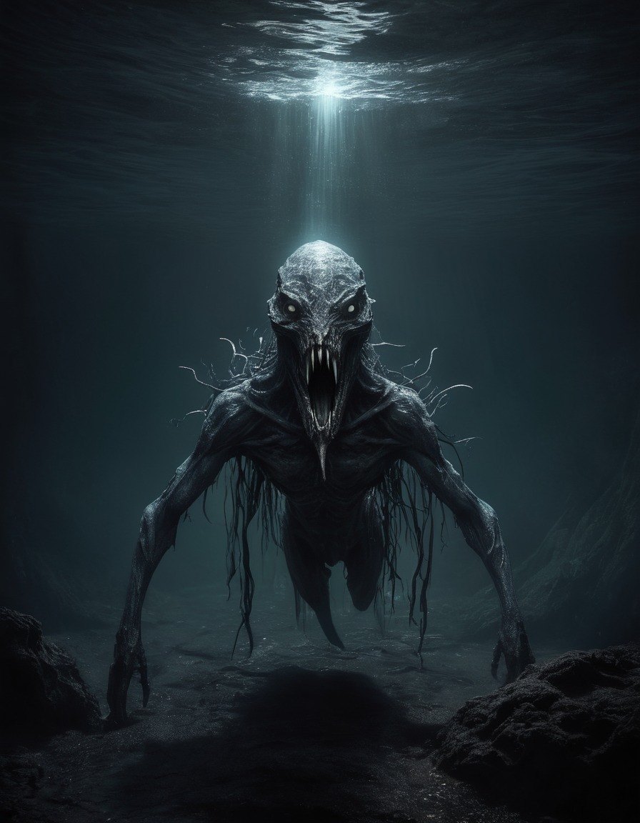 mystical creature, dark lake, emergence, mythical, fantasy, legend, enchantment