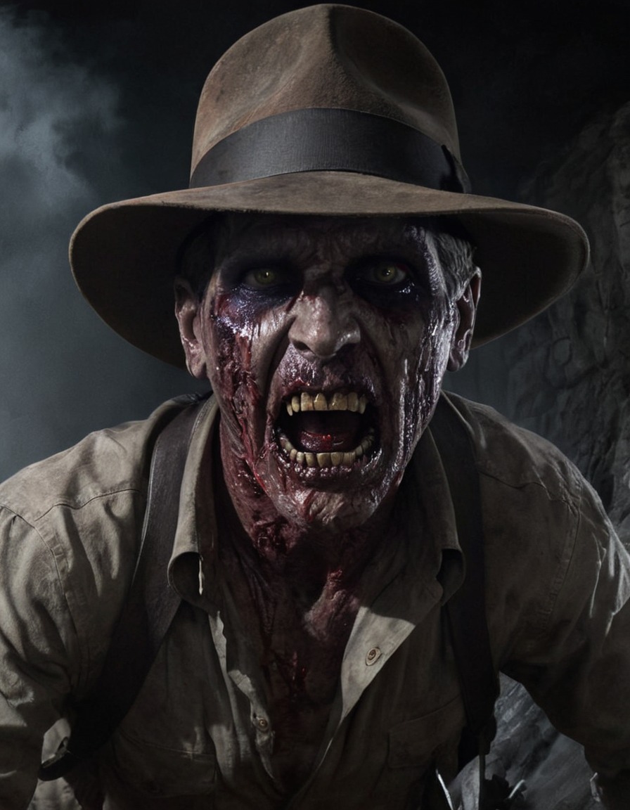 indiana jones, zombie, tomb, hat, adventure, horror