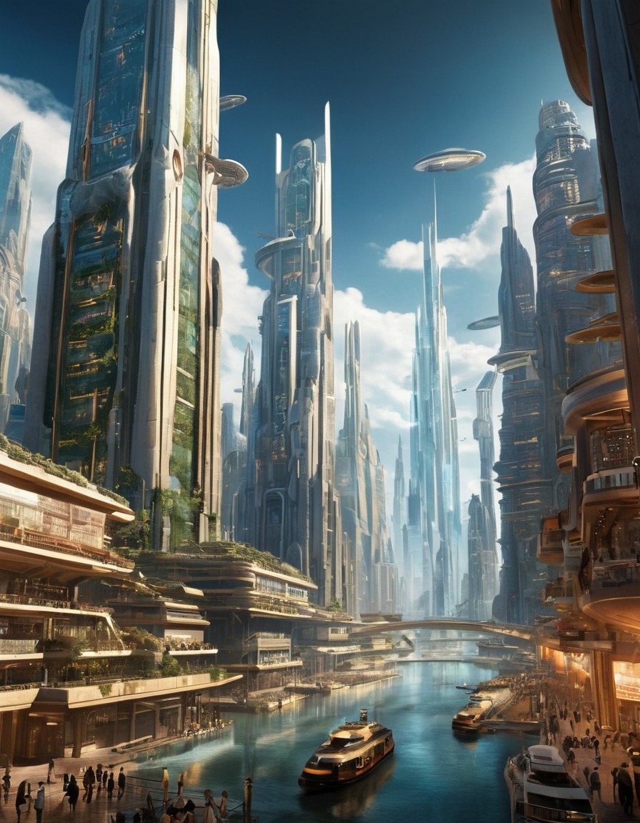 futuristic, cityscape, advanced technology, propaganda posters, science fiction, books