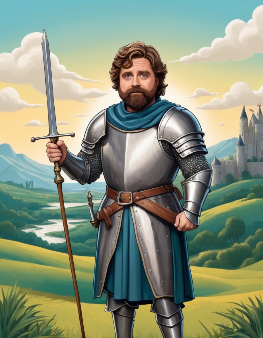 zach galifianakis, medieval knight, whimsical, painting, landscape, quill