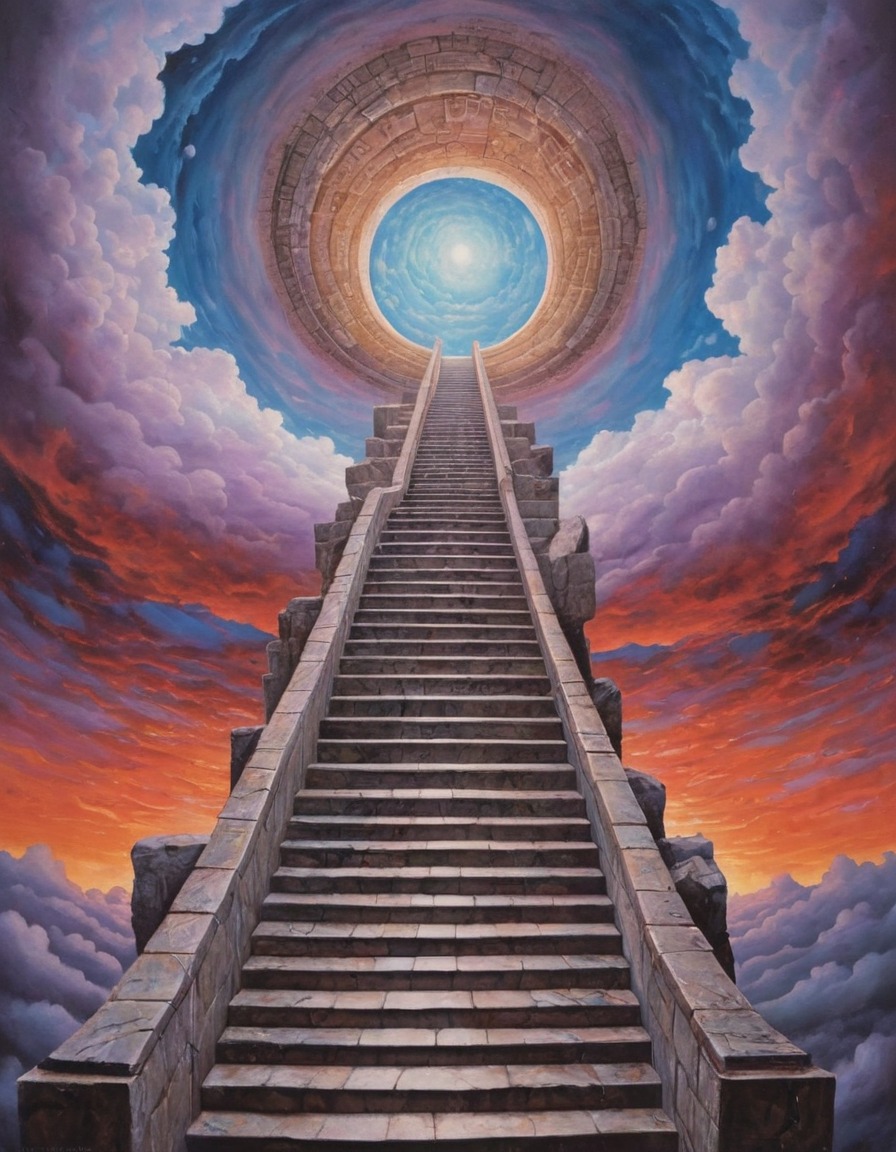 staircase, sky, portal, fantasy, surrealism, surreal