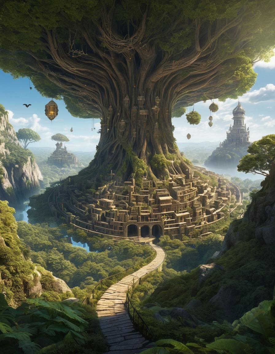 tree city, insect-like, labyrinthine, tunnels, fantasy world, fantastic