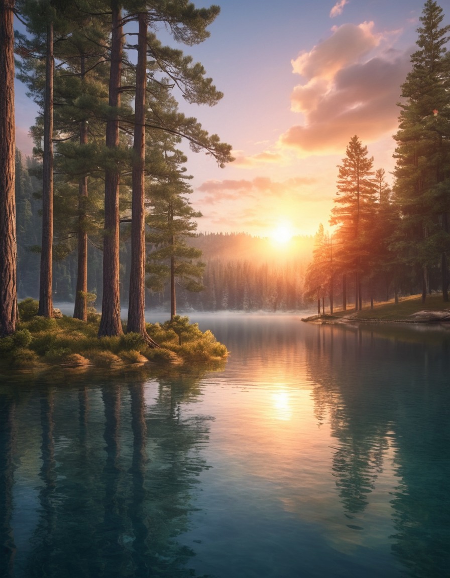 nature, sunrise, lake, pine trees, tranquility