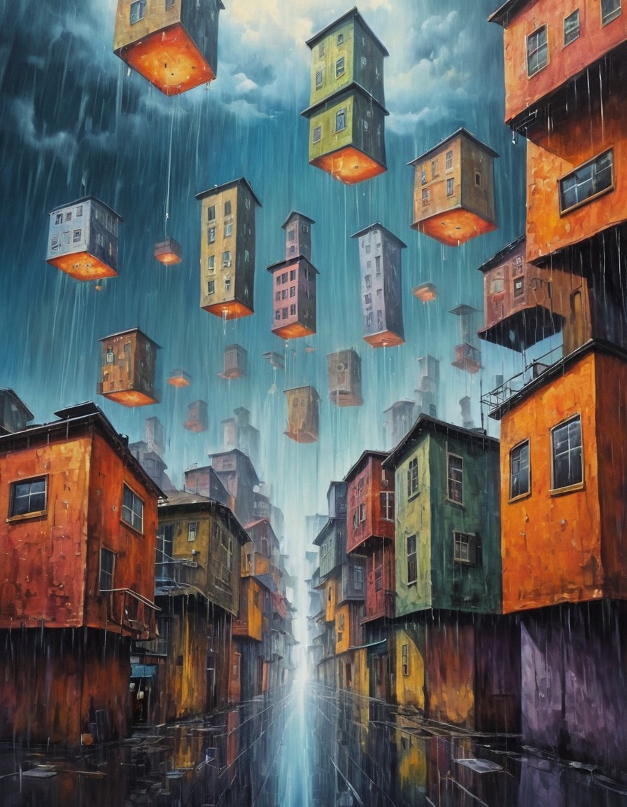 surreal, inverted, floating buildings, alternative reality