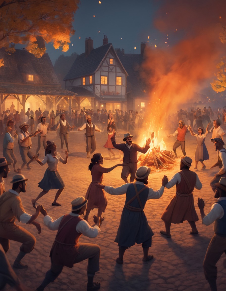 harvest festival, villagers, celebration, bonfire, dancing, middle ages