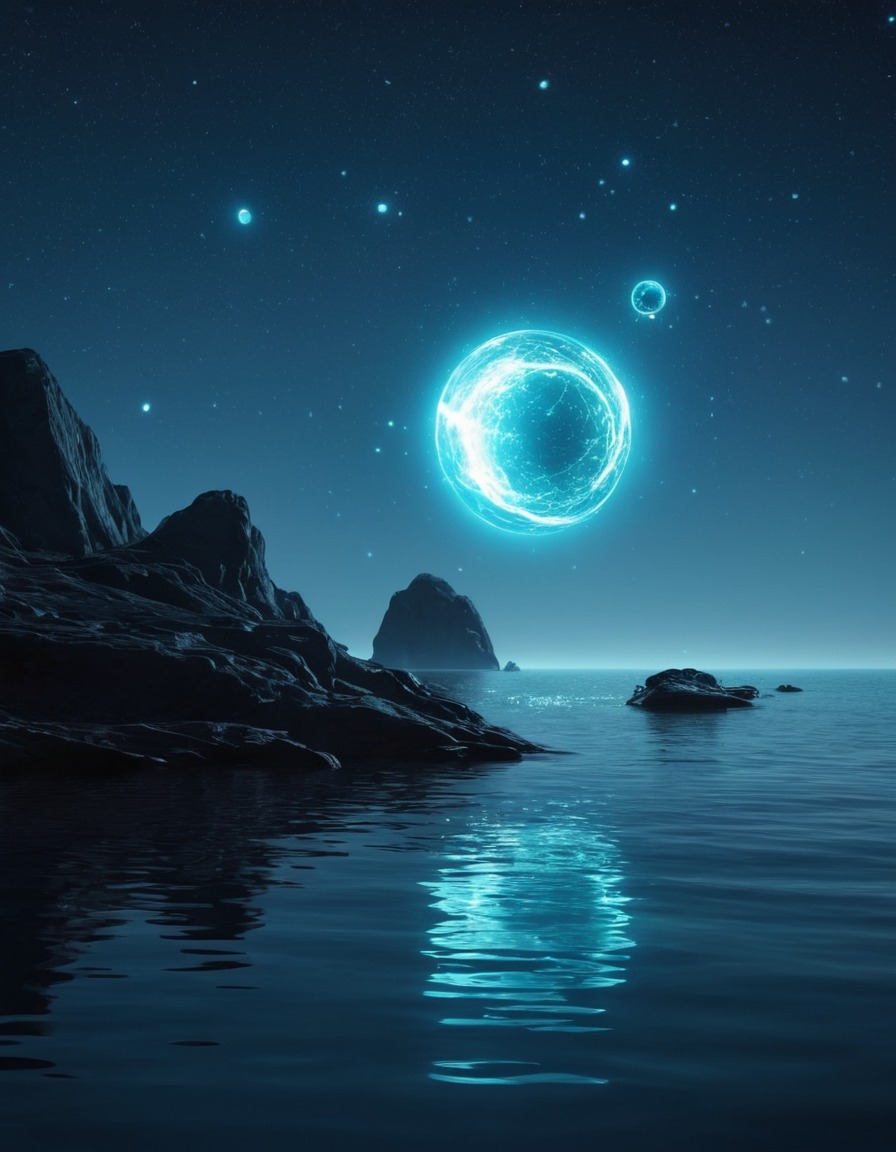 space, alien, ocean, glowing orbs, reflection, stars